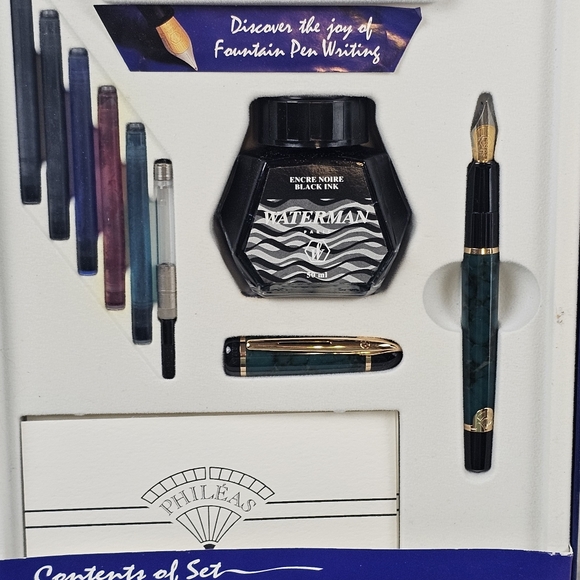 Waterman Phileas FP Set Green Marble GT Ink Fountain Pen NOS W/ Gift Box Boss - Picture 16 of 16